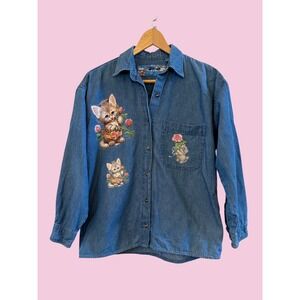 Wms Vintage 90's Oversized XS/M Denim/Chambray Cats/Kittens Button Down LS Shirt